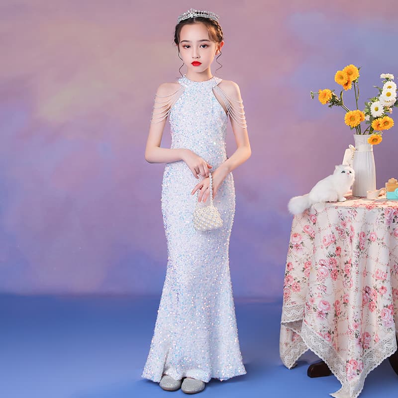 European and American Runway Princess Dress Model Children's Evening Gown Girl Host Mermaid Sequin Performance Costume Wholesale