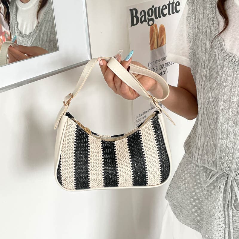 Woven Straw Bag Women's 2026 New Rainbow Stripe Crescent Bag Shoulder Underarm Bag Large Capacity Beach Bag for Women