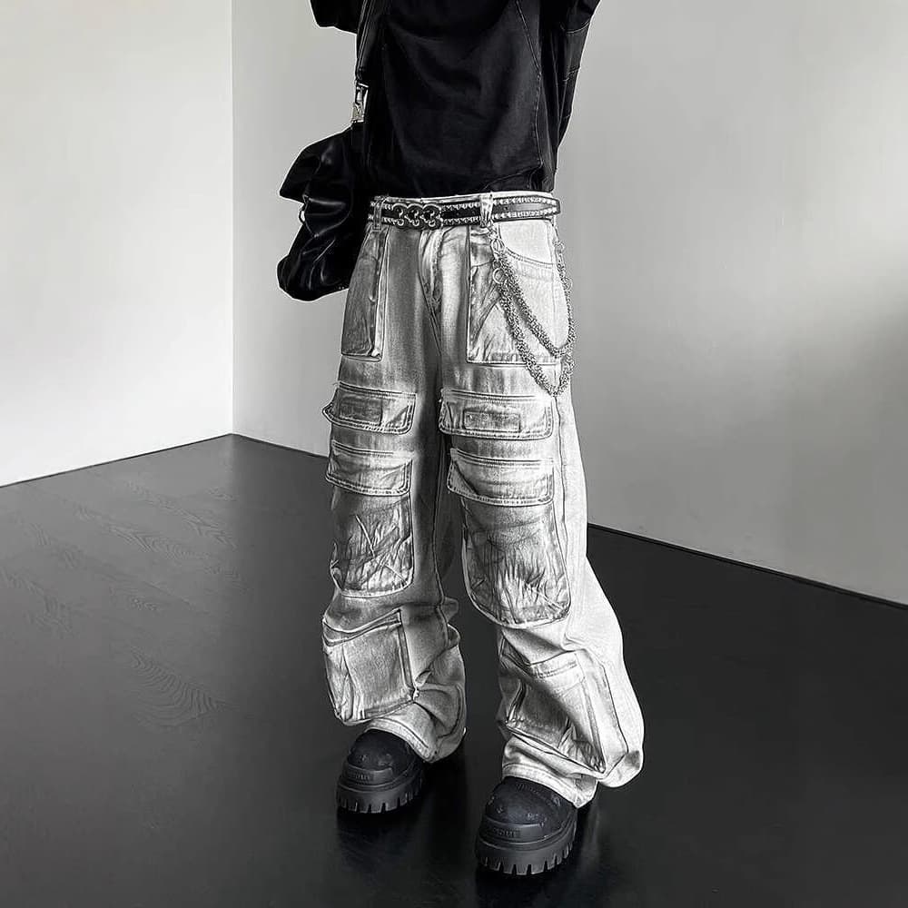 2024 American retro multi-pocket splash-ink straight-leg work jeans for men and women street wide-leg casual pants