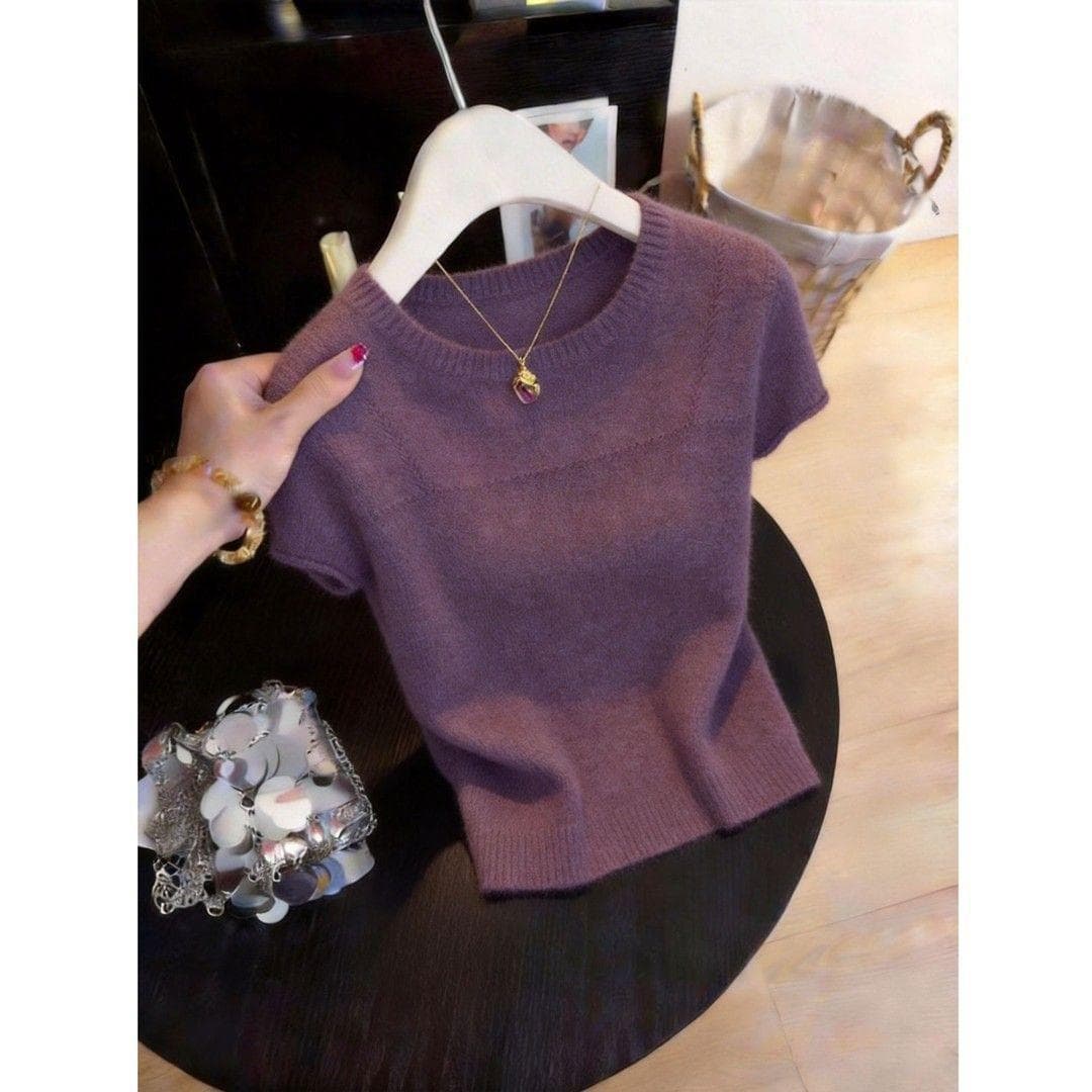 Purple short-sleeved sweater for women 2026 summer new style fashionable slimming age-reducing temperament commuter T-shirt top