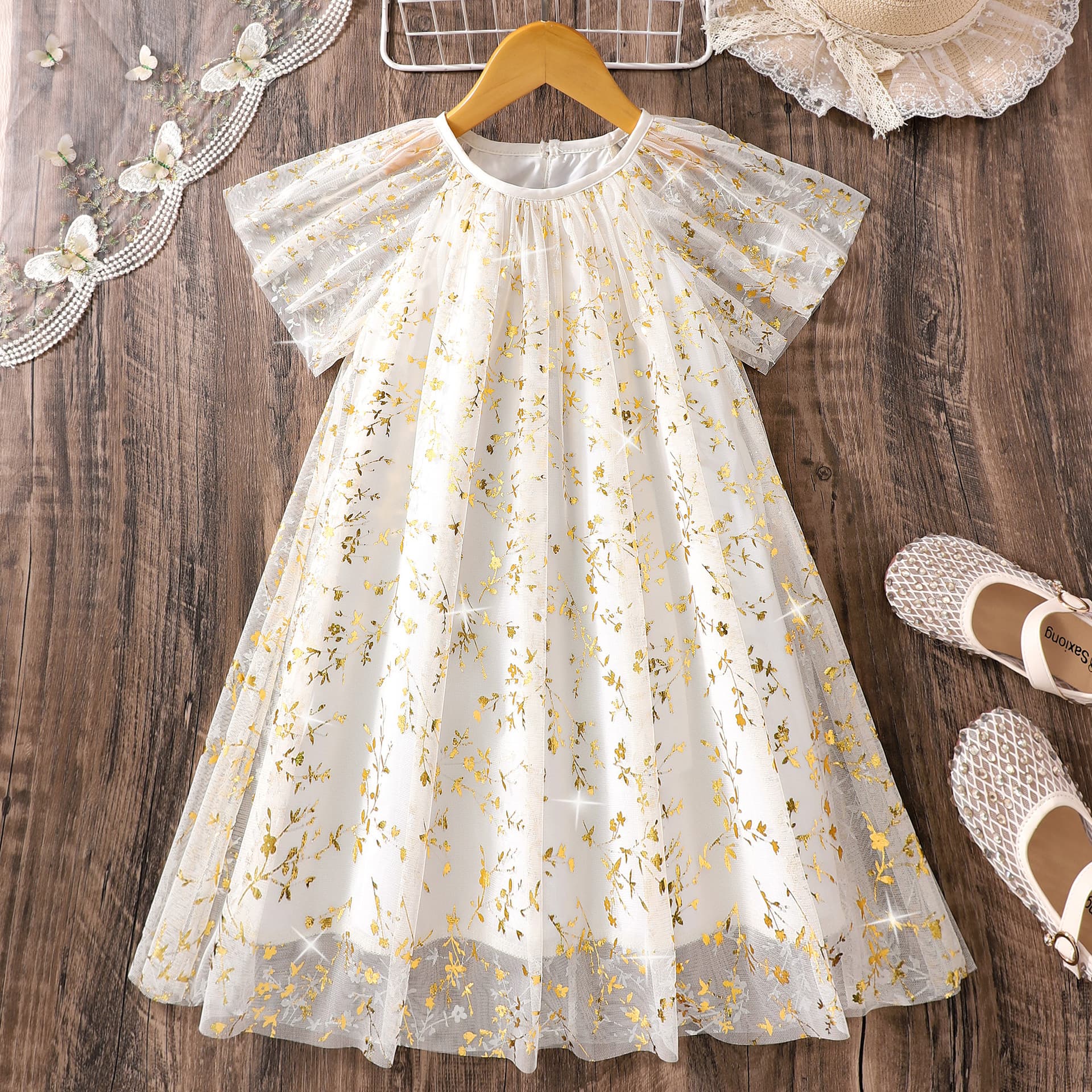 Girls' Dress for Toddlers & Young Children, Leaf Print Mesh Dress