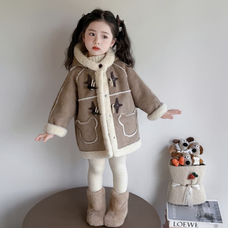 Girls' Thickened Fleece Autumn/Winter Wear, Korean Style Retro Hooded Top, Children's Faux Fur Blend Jacket, Versatile Style