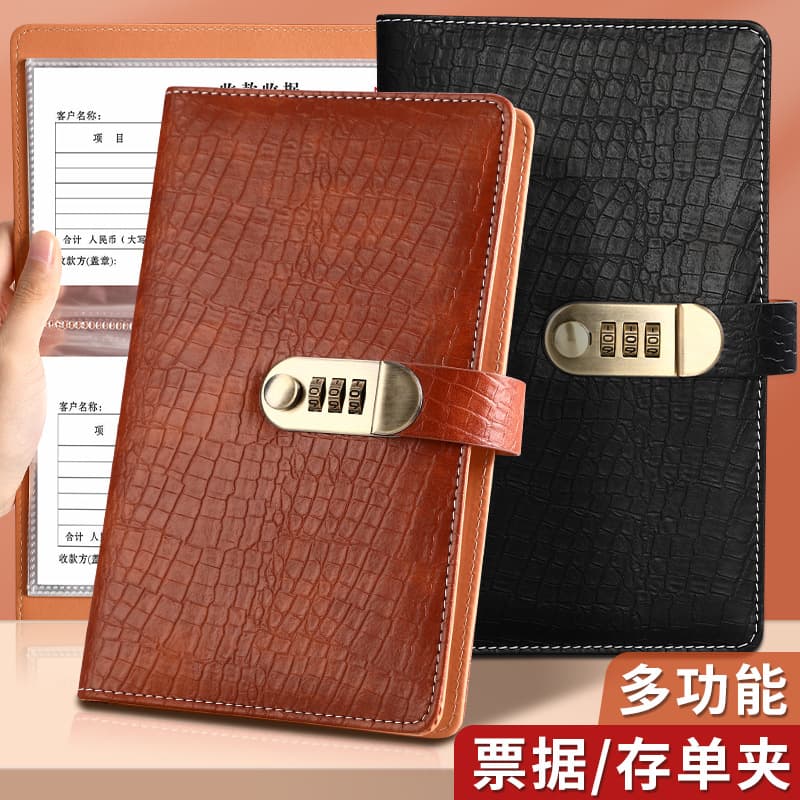 Crocodile-patterned fixed deposit certificate holder with combination lock, deposit certificate storage book, check collection, deposit note holder.