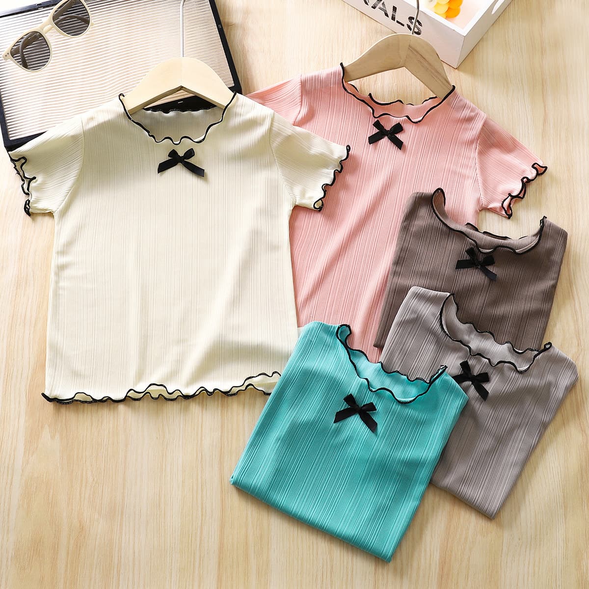 Girls' T-Shirt 2026 New Summer Short Sleeve A-Class Ice Silk Round Neck Ruffle Trim Bow Top for Toddlers and Kids