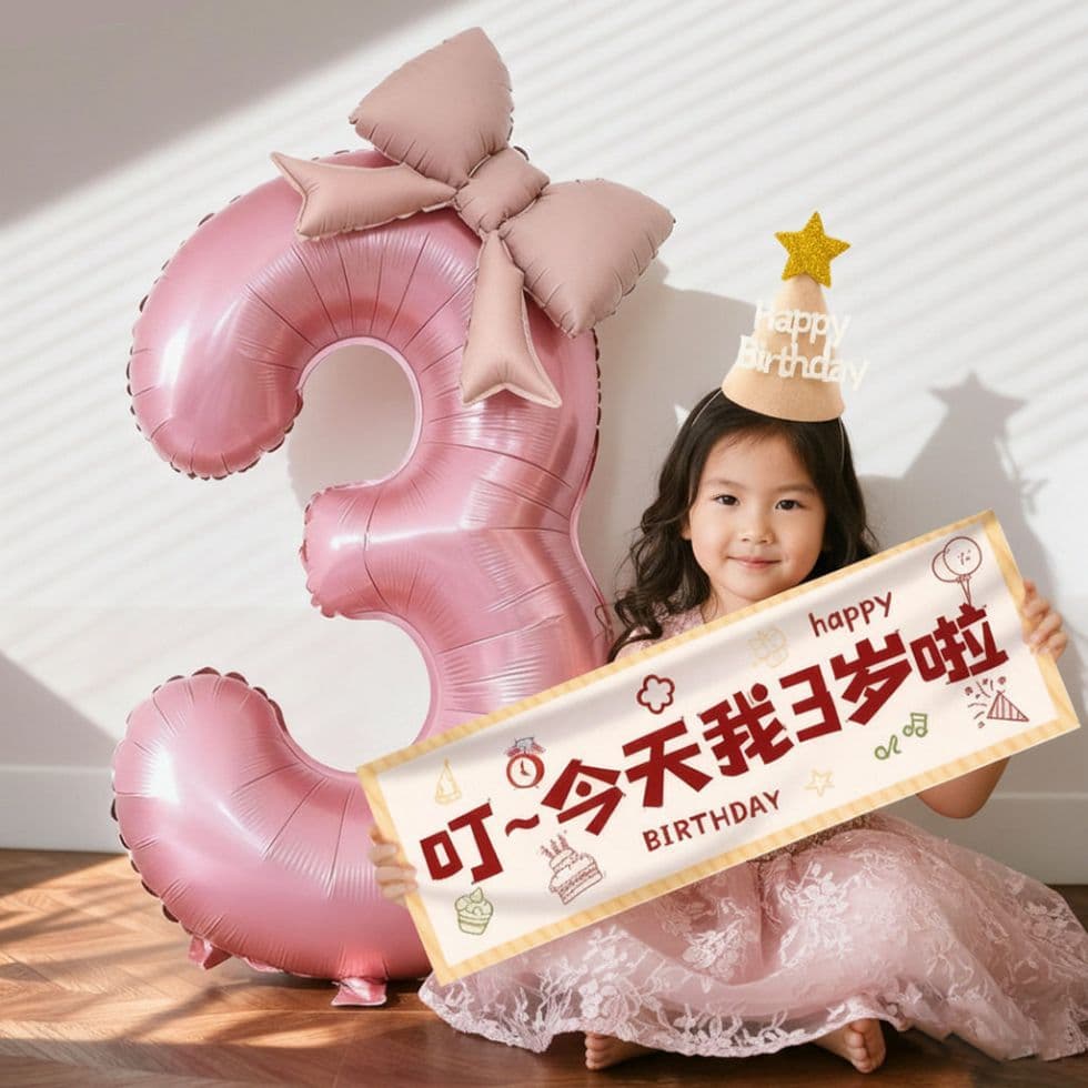 Pink Digital Balloon Birthday Arrangement Decoration, Children's Happy 1st Birthday Ritual Banner, Little Girl Photo Props