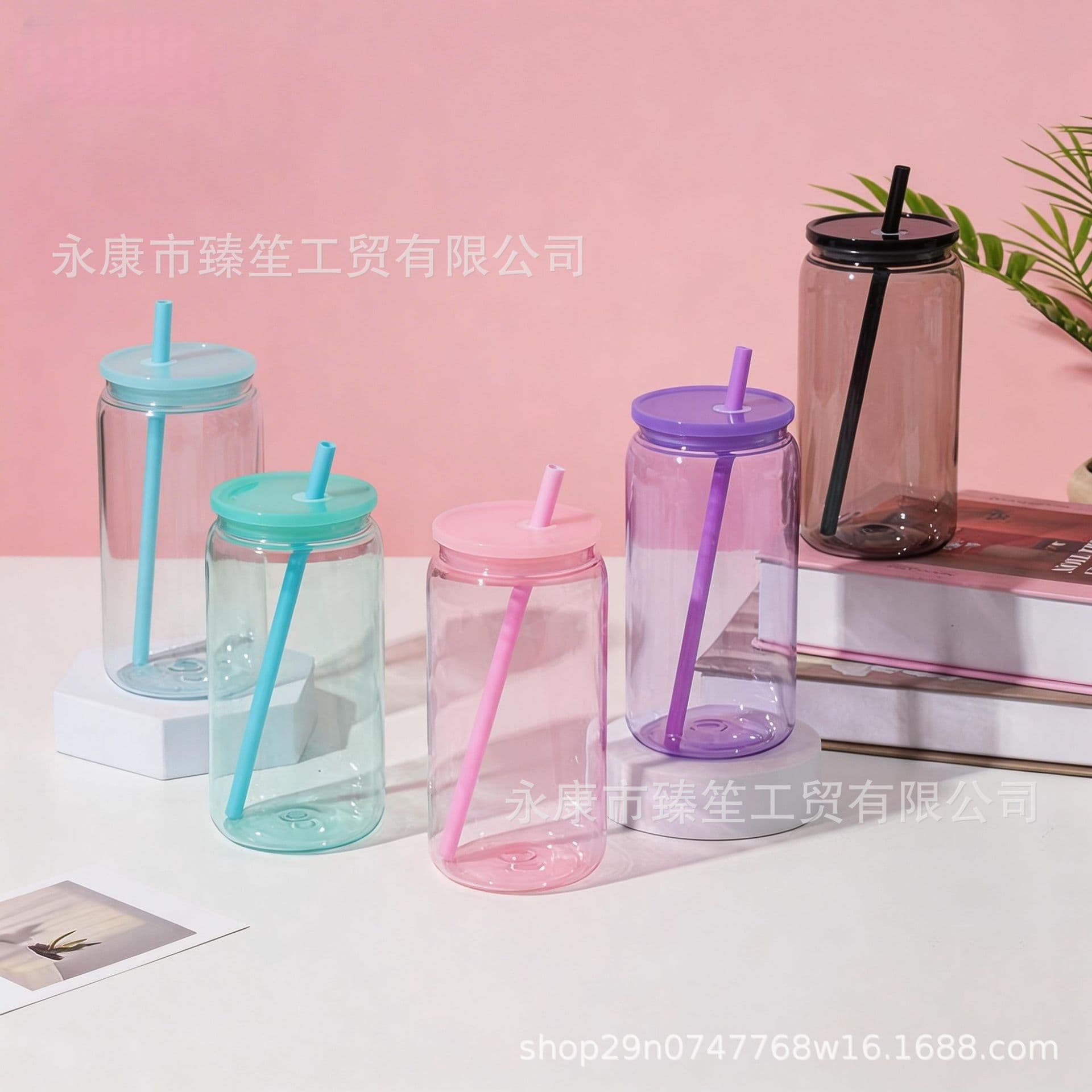 Cross-border Best-selling Single-layer PC Plastic Cup 16oz Plastic Straw Cup Eco-friendly Acrylic Colored Mason Jar Cup