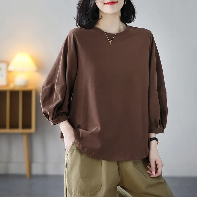 Solid color, simple, new spring/summer style, versatile, literary and retro lantern sleeve T-shirt, casual three-quarter sleeve top for women.