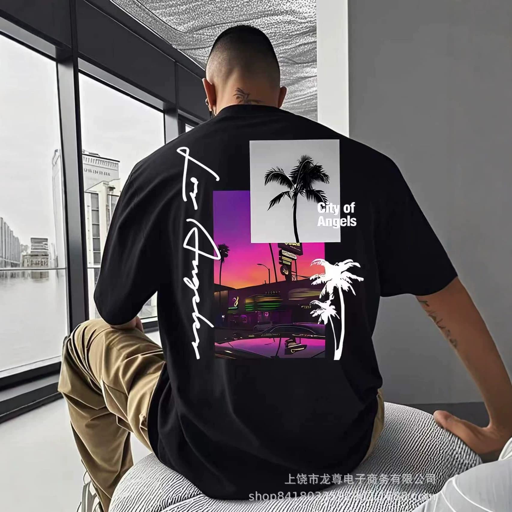 Popular Export Men's Clothing: Los Angeles Night Scene Print T-Shirt, Loose Fit, Coconut Tree Design, Trendy Brand Short Sleeve, Plus Size, In Stock for Cross-Border Sales