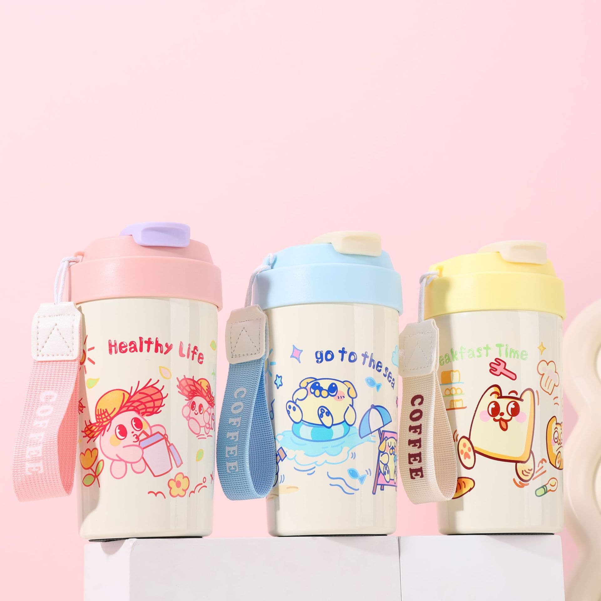 High-looking children's straw cup stainless steel coffee cup tumbler cartoon portable student water cup gift thermos cup