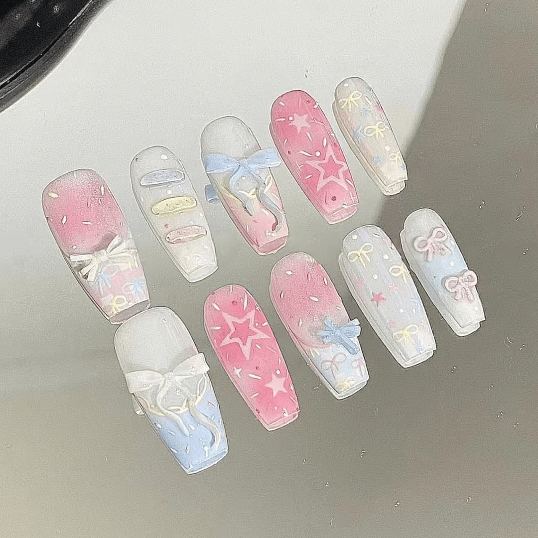 Sweet candy pink bow cute white atmosphere plaid manicure new high-end girly wearing nail stickers