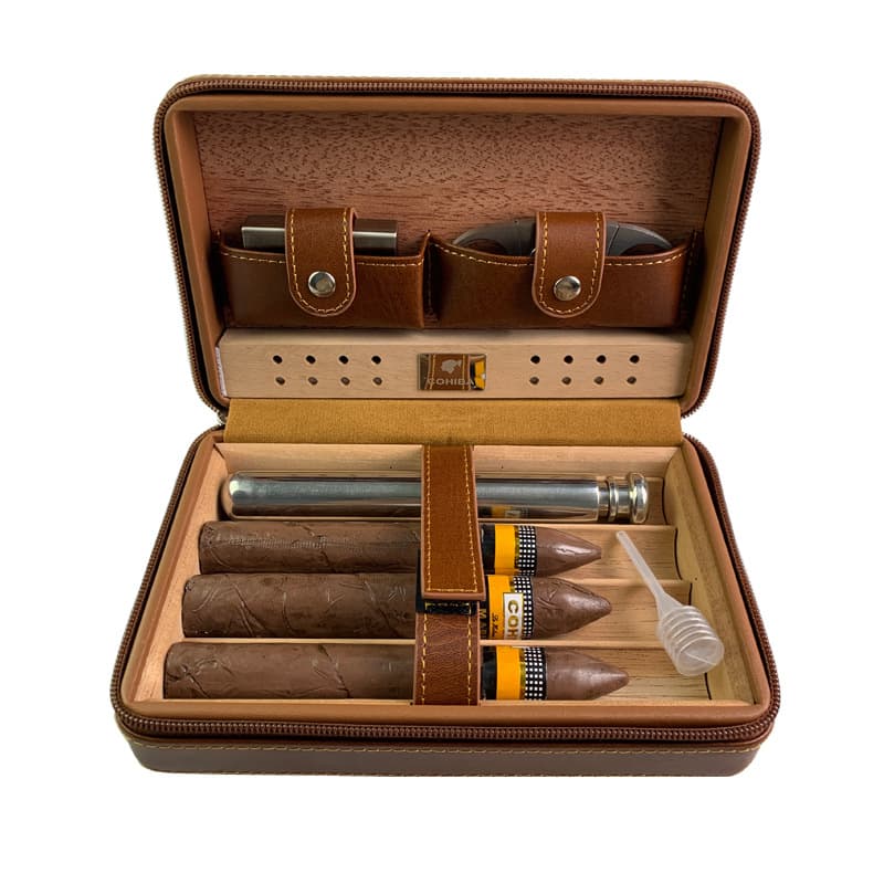 ✅ In Stock Cigar Humidor Leather Case Portable Travel 4-Cigar Leather Cedar Wood Lighter Cutter