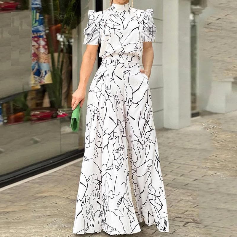 Elegant Luxury Short Sleeve Printed Bell Bottoms Women's Trendy Spring High-End Loose Fit Jumpsuit From Shiangcun International