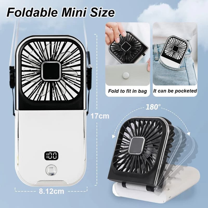 3000mAh Battery Powered Mini Portable USB Neck Fan Rechargeable 180° Foldable Wireless Desk Fan
