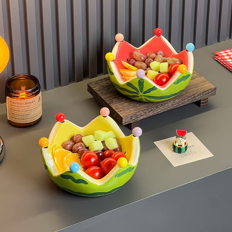Dopamine Watermelon Fruit Platter Living Room Coffee Table Ceramic Snack Serving Bowl Stainless Steel Fruit Fork Set