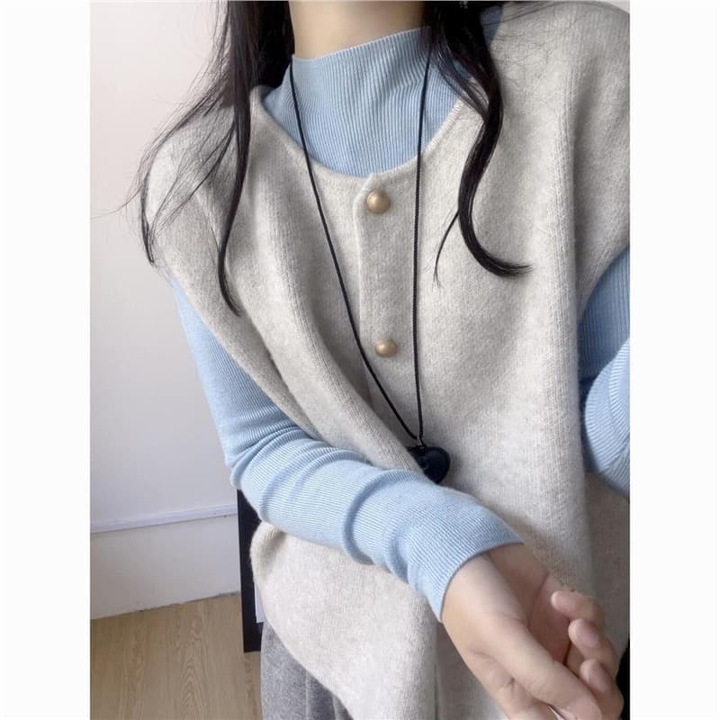 New Autumn Winter Knit Vest Cardigan Two-Piece Set for Women, Layering Sleeveless Sweater Vest Set