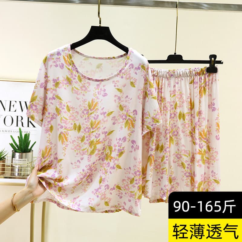 Cooling Rayon Loungewear for Women, Loose Plus-Size Cotton Pajamas, Sleepwear, Outerwear, Round-Neck T-Shirt and Shorts Two-Piece Set