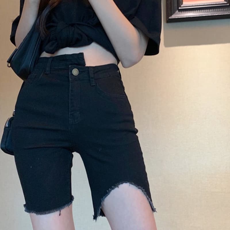 Plus Size Black High-Waist Denim Bermuda Shorts for Women Summer Trendy Irregular Tight Slimming Skinny Shorts Export
