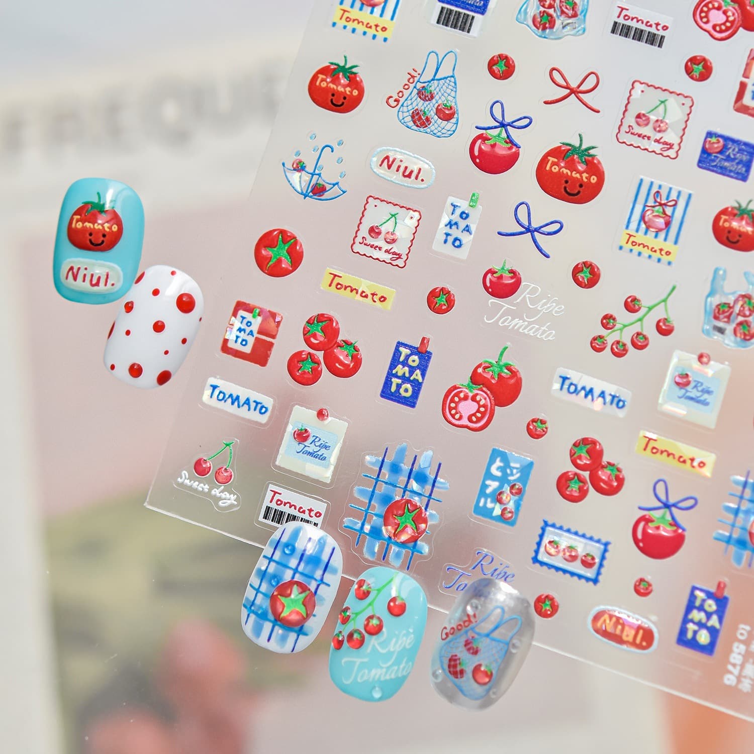 Cute Juicy Tomato Jelly 3D Nail Art Stickers Mesh Fruit Plaid Collage Bow Cherry Decorations