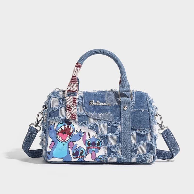 2025 Street Style Color Collision Small Cartoon Stitched Jeans Patchwork Crossbody Pillow Casual Versatile Bag