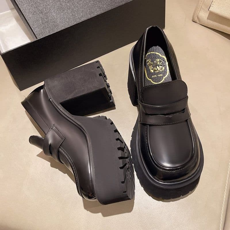8cm high heels for women, thick heels, waterproof platforms, thick soles, small loafers, black small leather shoes, French work shoes