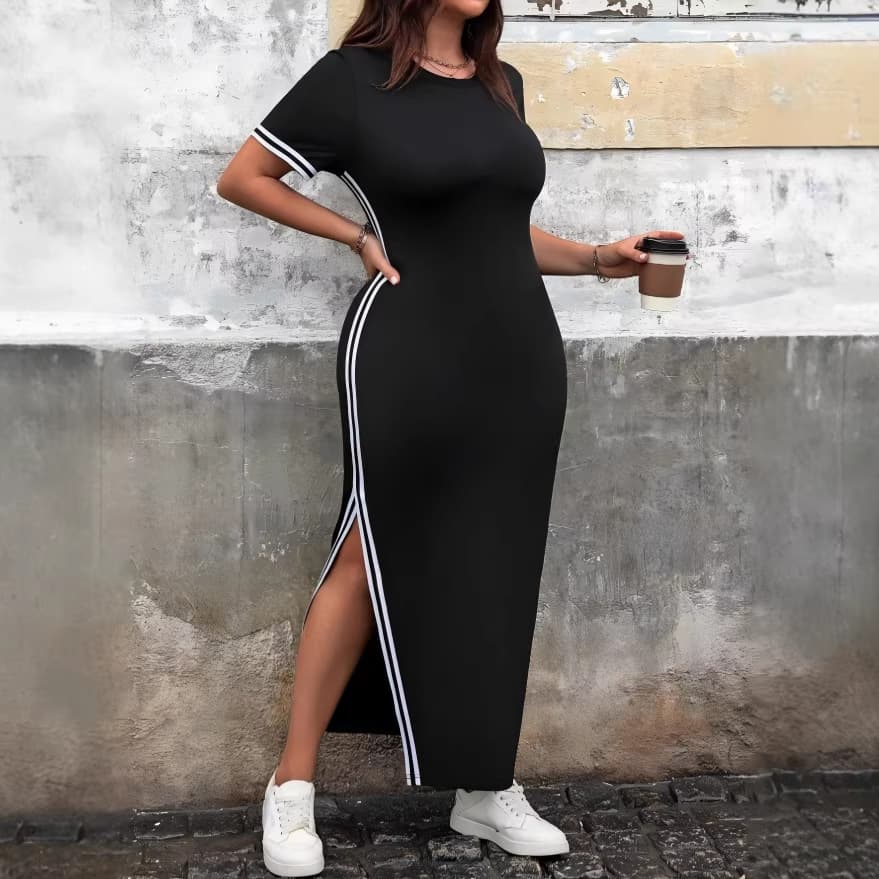Plus Size In Stock for EU/US Cross-Border, Simple Fashion Short-Sleeve Long Split Color-Trimmed Casual Round Neck Dress