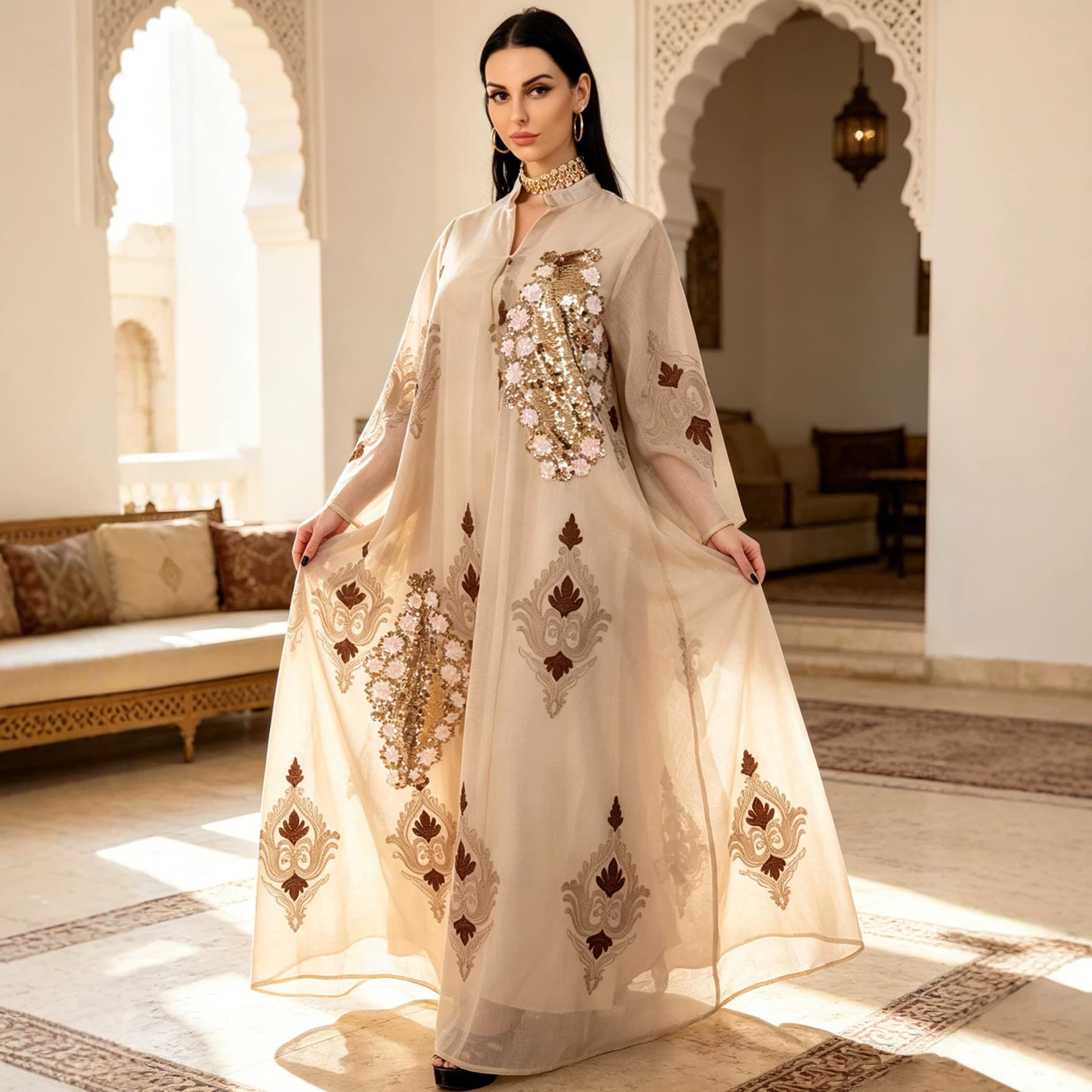 Ethnic Costume Overcoat Long Robe Women's Flowing Beads Leaf Embroidery Dress Fashion Elegant Gown