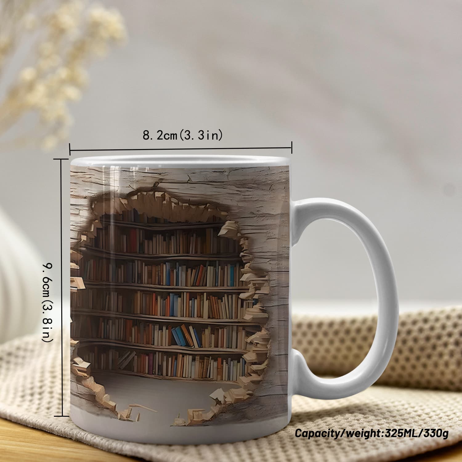 3D Effect Bookshelf Ceramic Mug Creative Design 350ml White Coffee Cup Gift for Readers