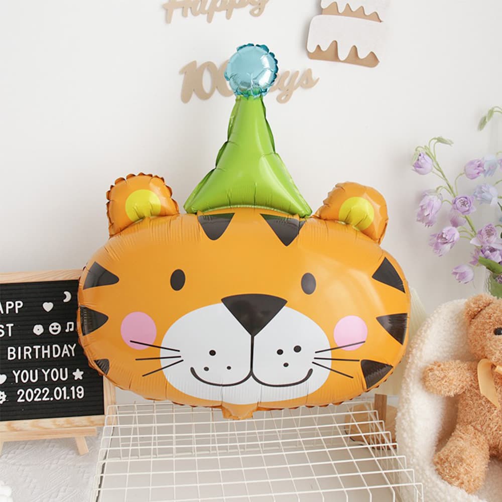 New Birthday Hat Tiger Head Balloon Cartoon Jungle Animal Foil Balloon Birthday Theme Party Decoration