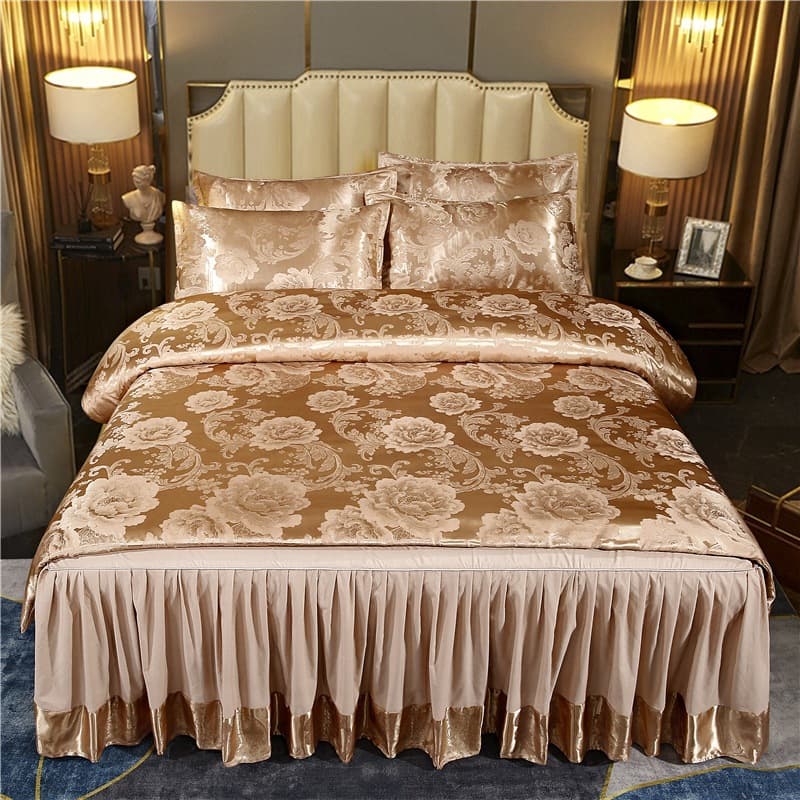 Cross-border foreign trade jacquard bed skirt four-piece set European satin quilt cover double bed cover silk bedding wholesale