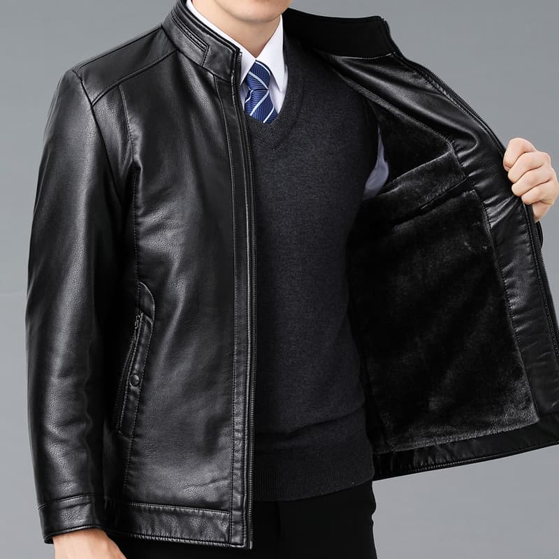 Winter Stand Collar Thickened Fleece-Lined Genuine Leather Jacket Men's Fur-Integrated Mid-Aged High-Quality Leather Coat
