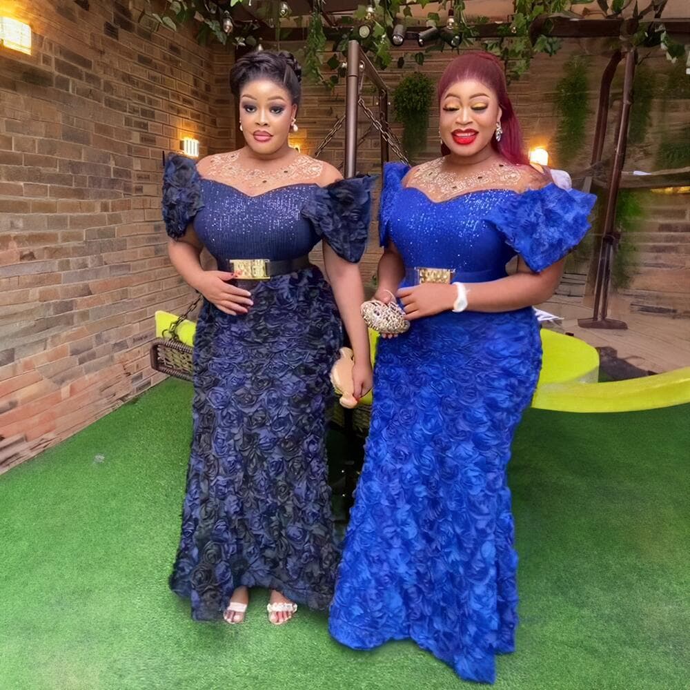 Export African women's dress luxury 3D embroidery off-shoulder mesh dress with sequins, hot-fix rhinestones, and belt evening gown