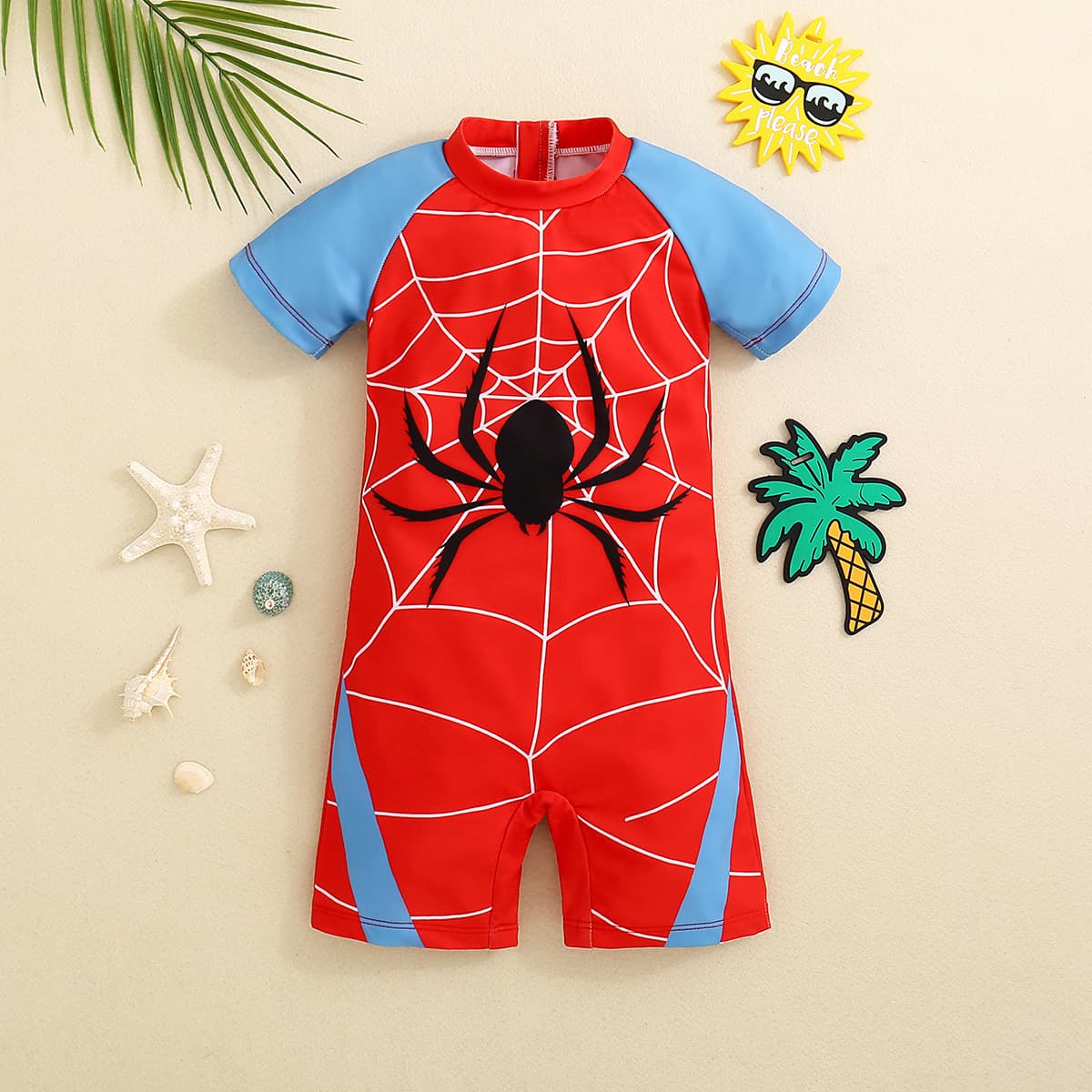 2025 Baby Toddler Boys Summer Fashion Short Sleeve Swimsuit Cute Spider Print Color Block One-Piece Swimsuit