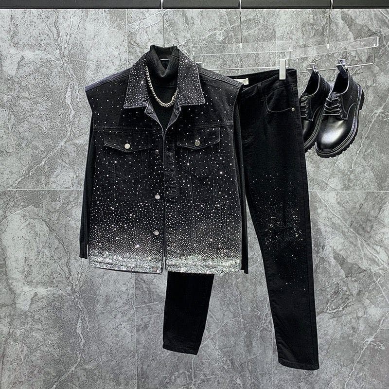 Premium Heavy Rhinestone Starburst Denim Vest Jacket for Men, Streetwear Loose Fit Sleeveless Vest, Trendy