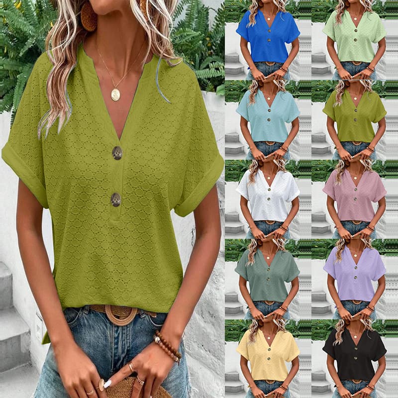 2025 spring and summer European and American cross-border Amazon independent station new women's fashion casual solid color button V-neck T-shirt for women