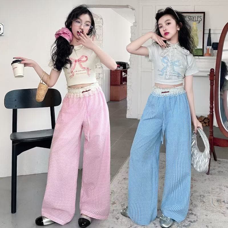 Girls' Pants Summer 2025 New Children's Dopamine Plaid Pants Summer Girls' Older Kids Casual Wide Leg Pants Trendy
