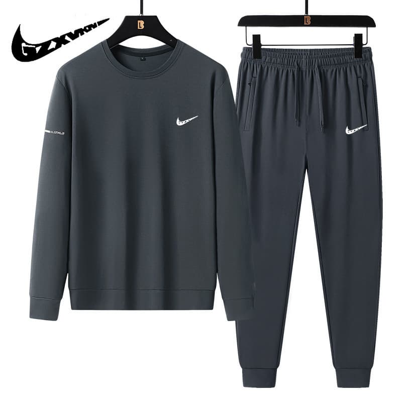 New Autumn Casual Sport Suit for Men, Big Size Round Neck Sweatshirt and Jogger Pants, Trendy Two-Piece Set