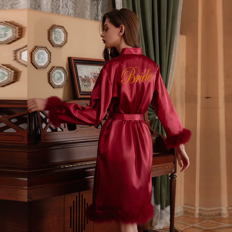 Bride Morning Robe Women's Feather Robe Wedding Makeup Bridesmaid Wedding Kimono Satin Bathrobe