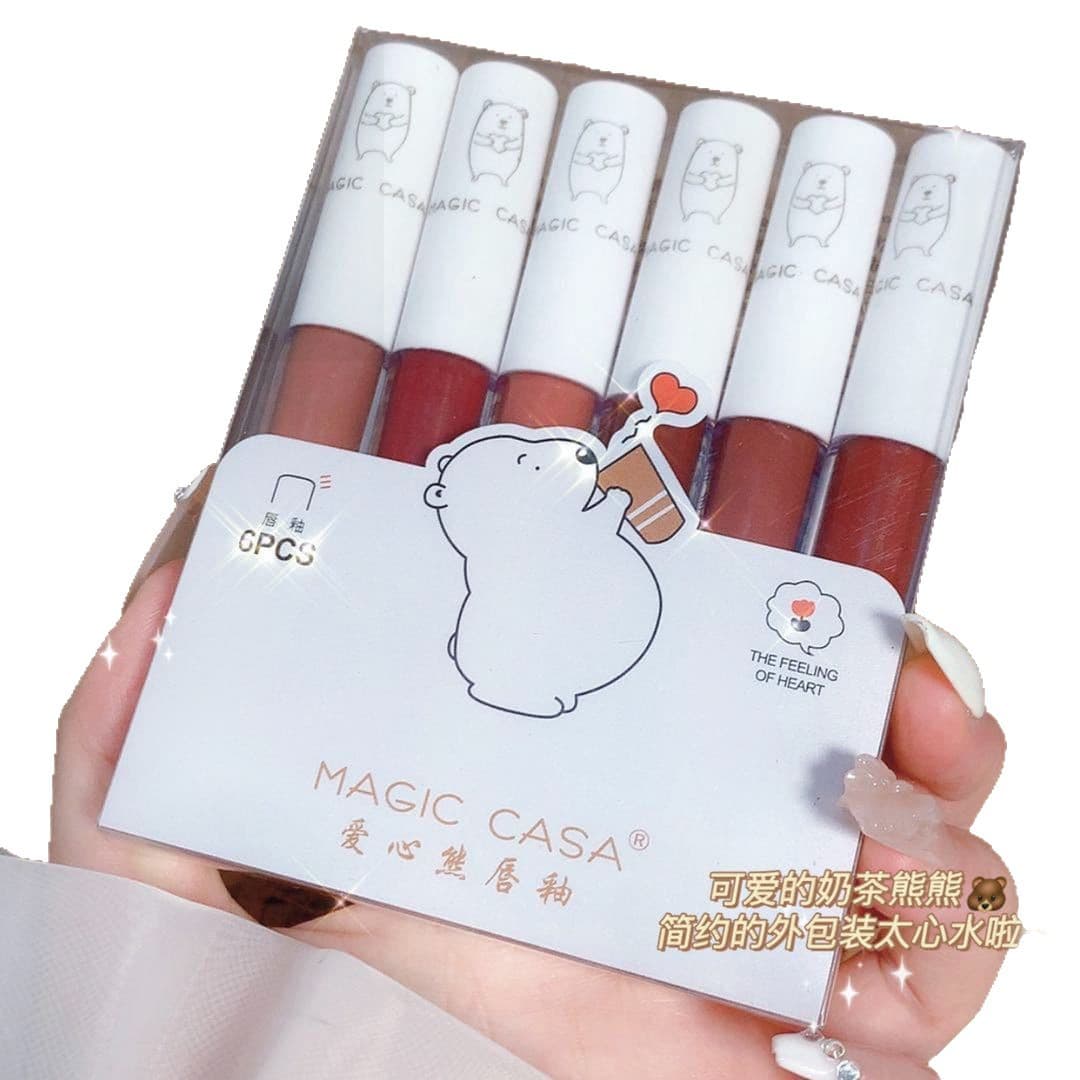 MAGIC CASA 6-Color Heart Bear Lip Gloss Six-Piece Set Lipstick Matte Velvet Moisturizing Lip Mud