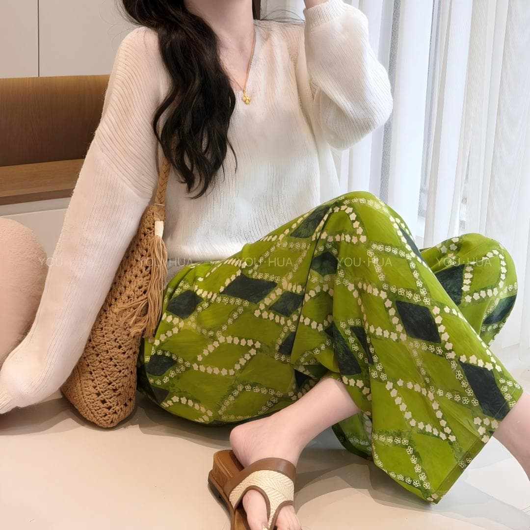 Summer Home Cotton Silk Sleep Pants, Ankle Length, Plus Size, Loose and Relaxed Plaid Home Pants, Comfortable