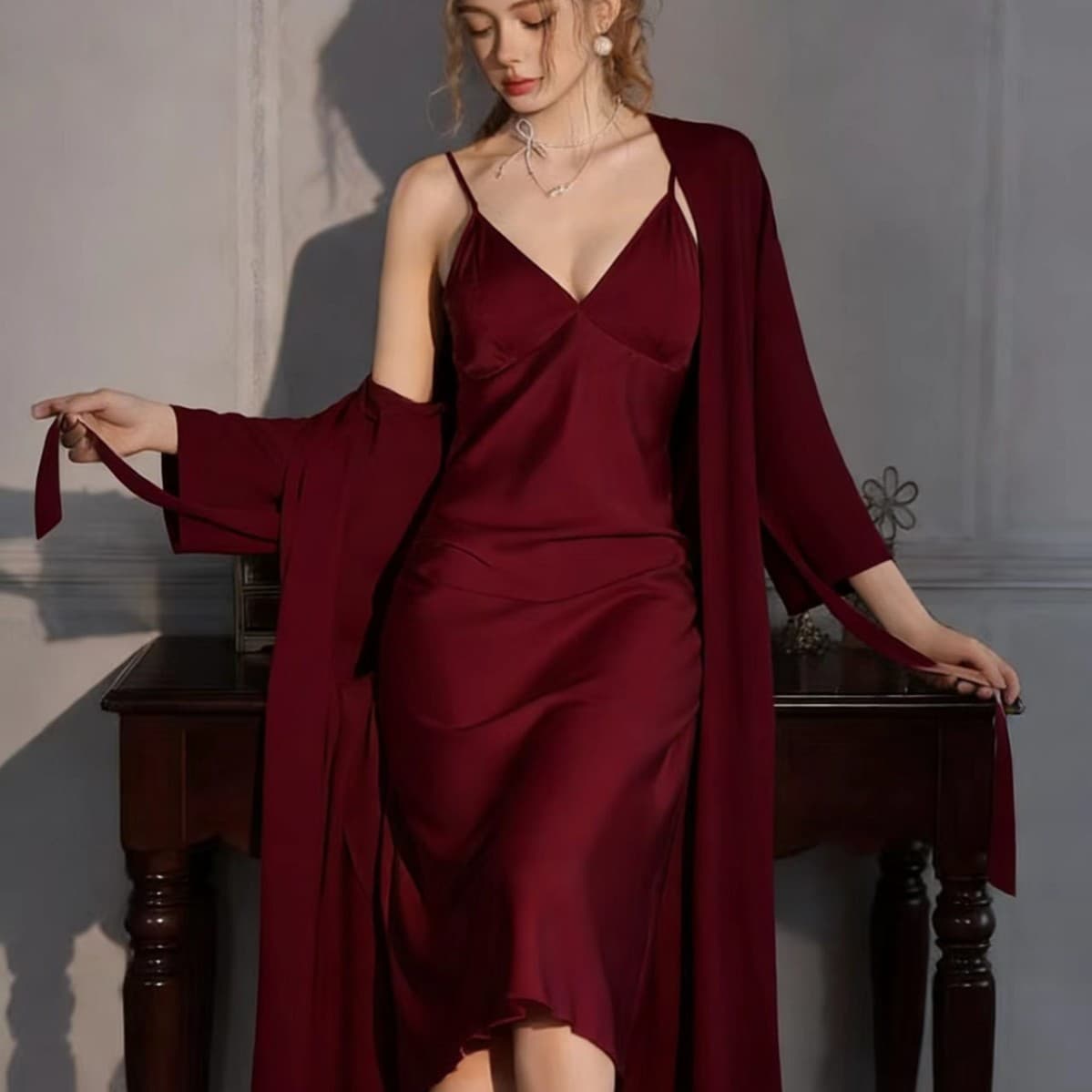 2026 New Style Sexy Ice Silk Pajamas with Chest Pads, Camisole Nightgown, Long Dress, Loungewear, Bridal Robe