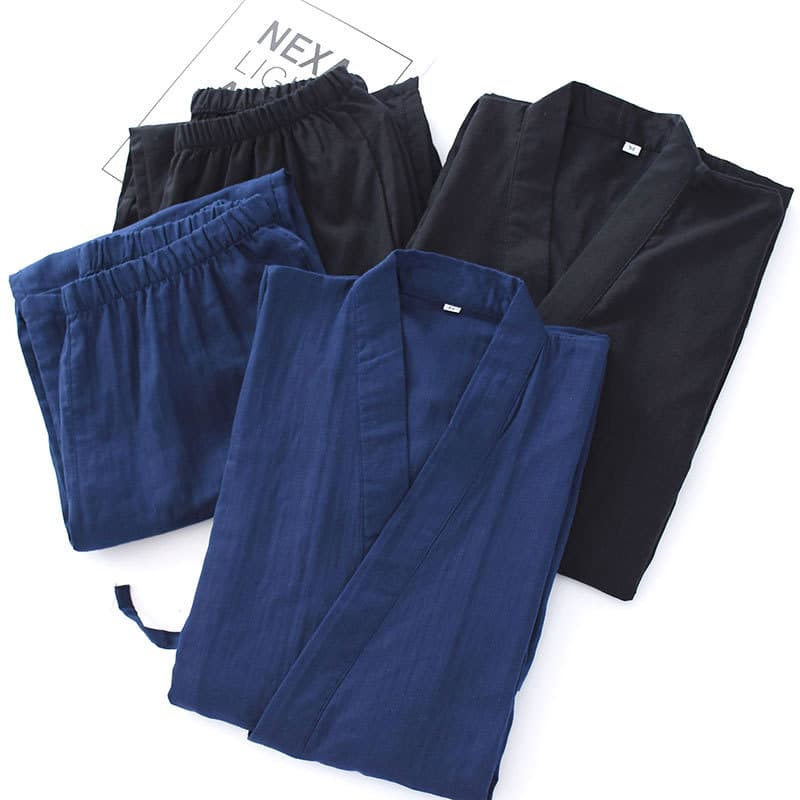 New Men's Double-Layer Gauze Kimono Pajamas Spring Summer Thin Cool Breathable Tie-Strap Three-Quarter Sleeve Long Pants Kimono Set
