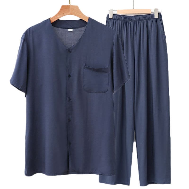 Cotton Silk Short-Sleeve Cardigan for Middle-Aged and Elderly Men, Summer Thin Artificial Cotton Homewear Set with Long Pants