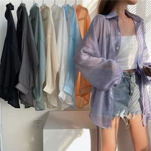 Pearl Luster Mesh Fabric Women's 2024 Summer Designer Style Thin Slightly Sheer Long-Sleeve Unique Casual Loose Blouse