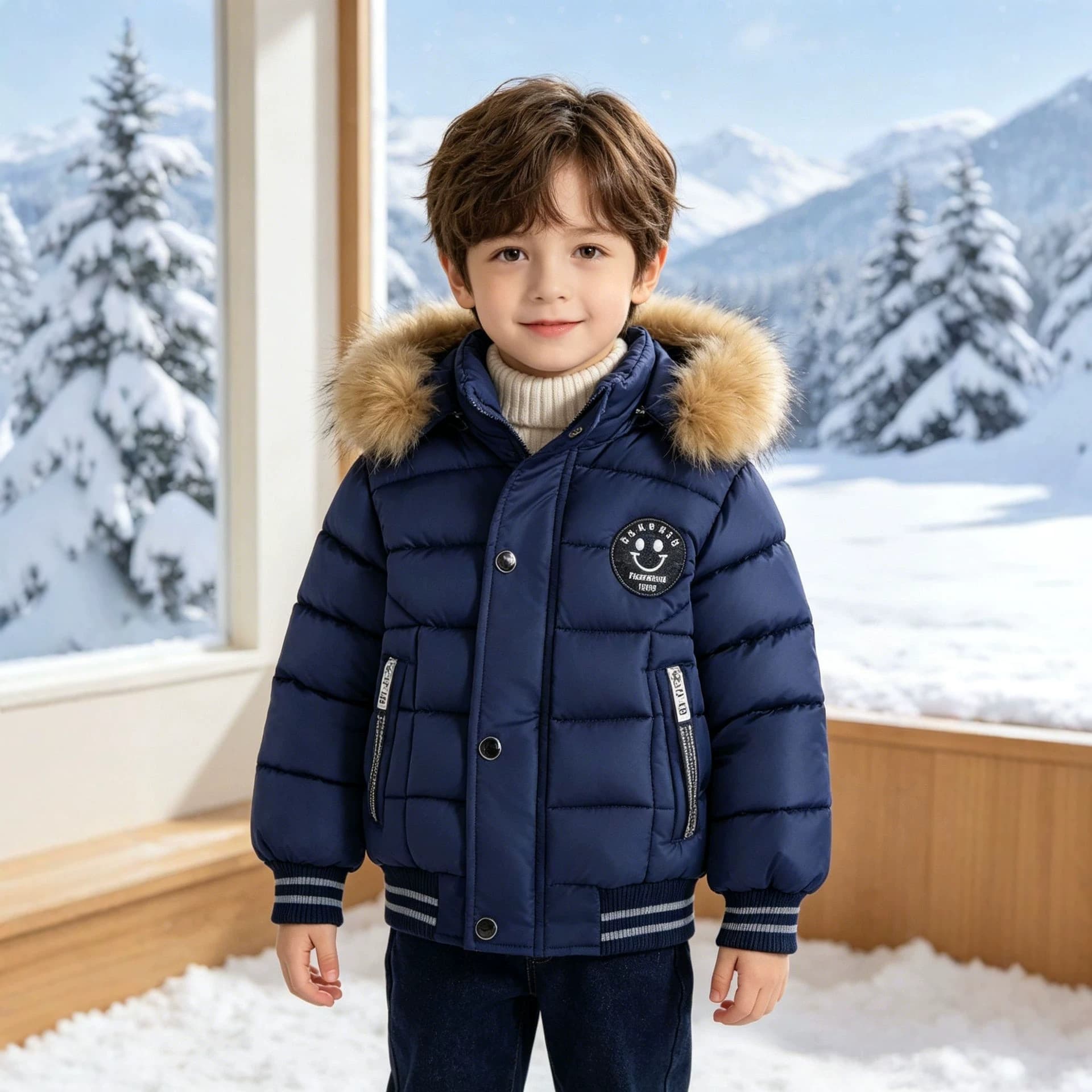 New winter hooded fur collar cotton jacket for boys, warm and thickened fashionable pocket smiley print jacket for small and medium-sized children
