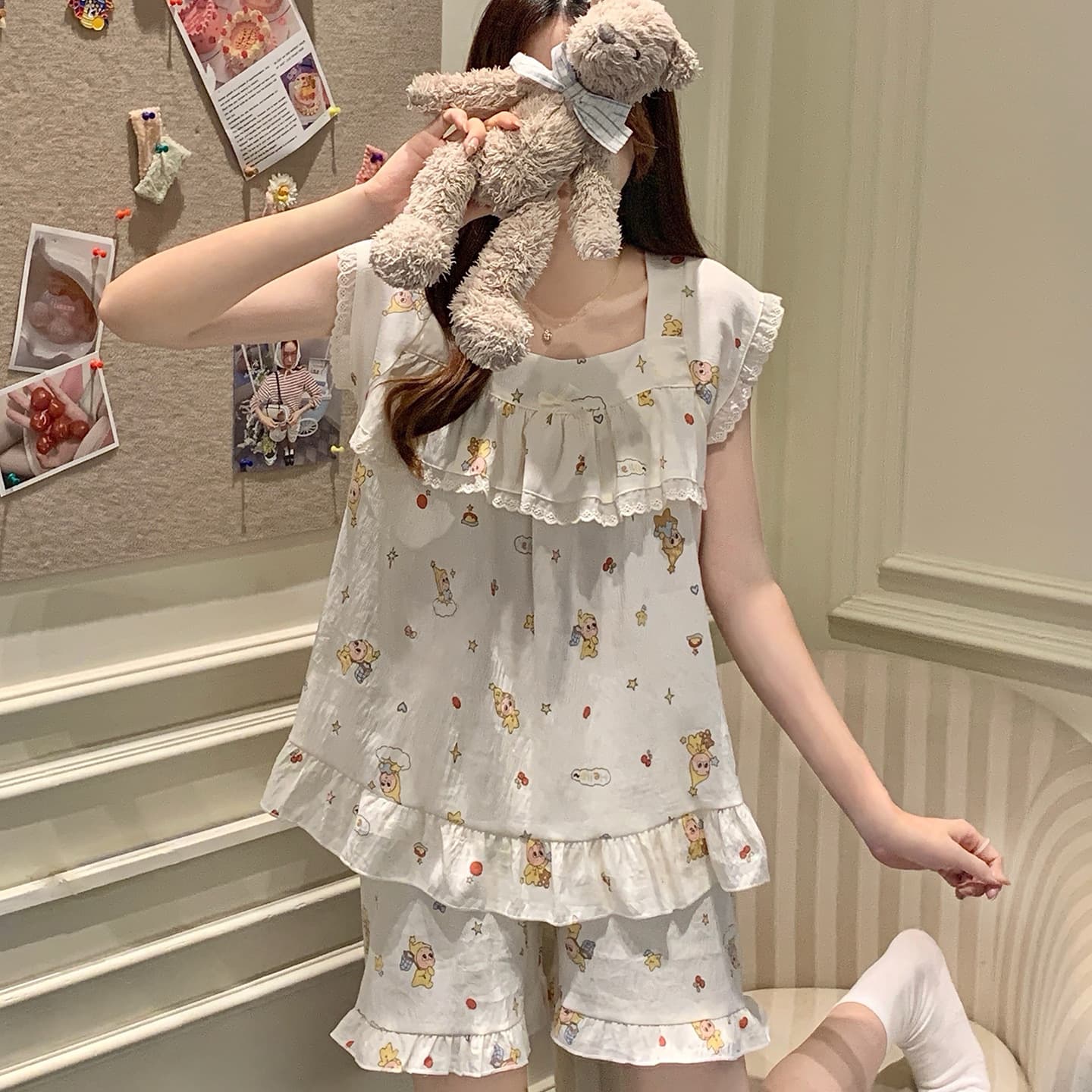 Factory direct sales Yunduo cotton pajamas for women summer Xiaofei sleeve shorts two-piece set sweet floral pajamas lace home clothes