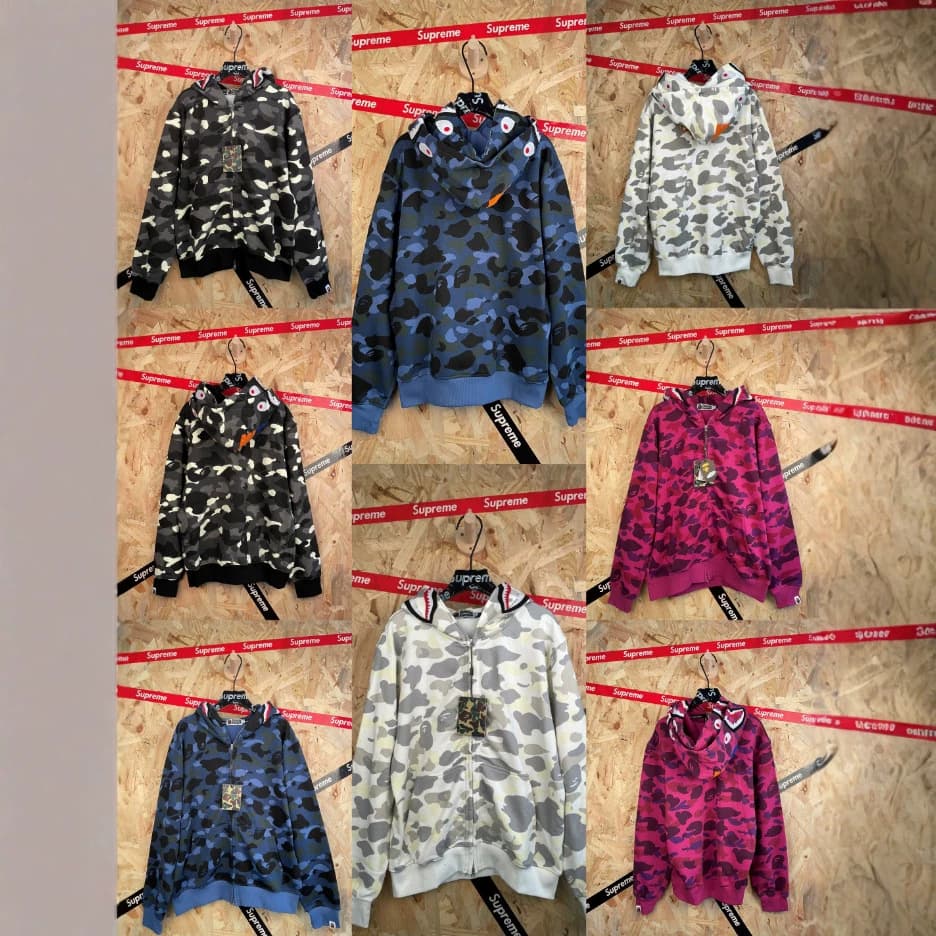 Japanese Streetwear Camo Shark Hoodie Unisex Loose Zip-Up Jacket Multi-Color Couple Top