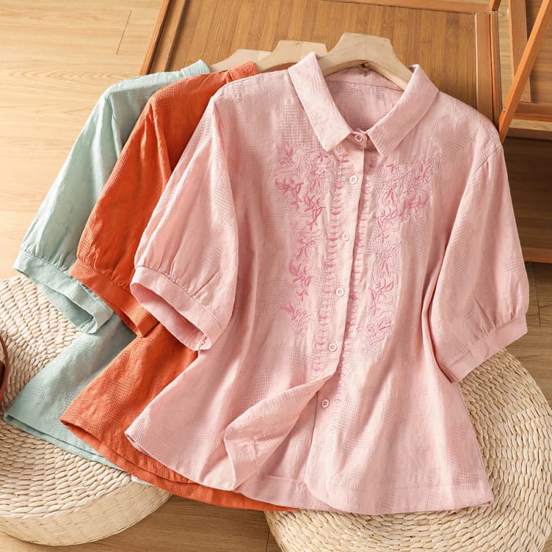 Ethnic Style Cotton Linen Embroidered Elbow-Length Sleeve Shirt for Women, Single-Breasted Retro Lapel Top, 2026 Summer Blouse
