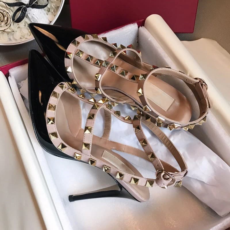 Hualun V Home Women's High Heels New Rivet Double Ring Pointed Toe Thin Heel Wedding Shoes Patent Leather Sexy High Edition Genuine Leather Sandals