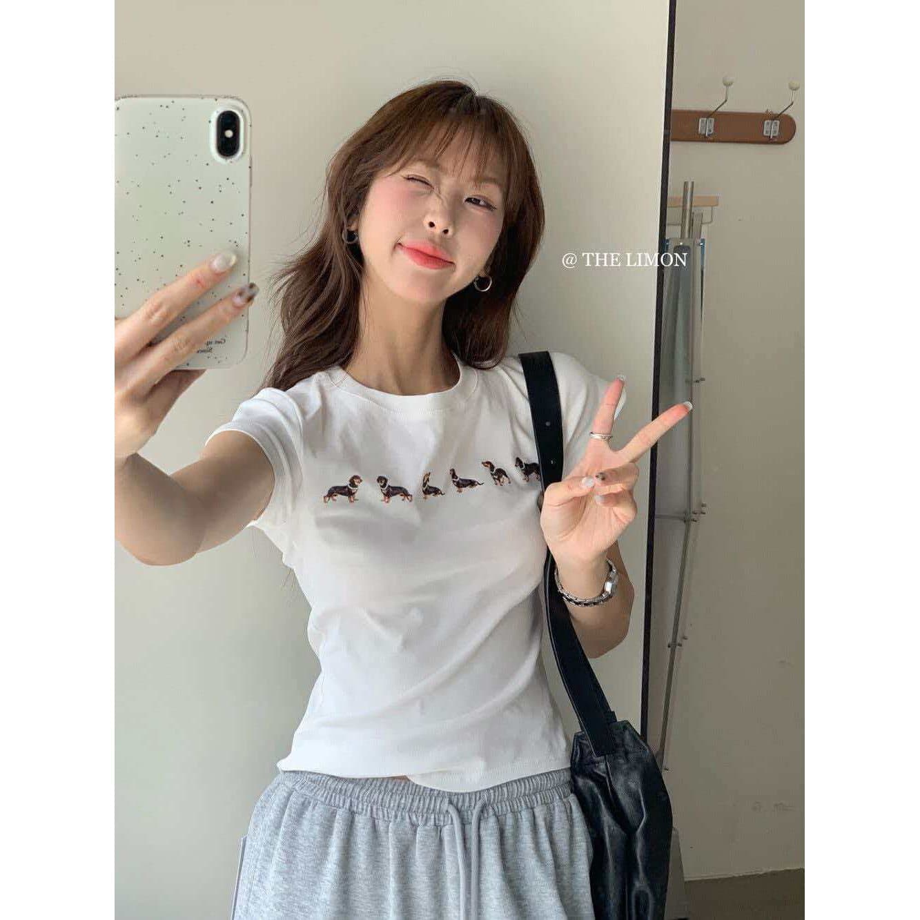 Jennie Same Style Dog Print Short-Sleeve T-Shirt for Women 2026 Summer New Korean Casual Fitted Top Trendy
