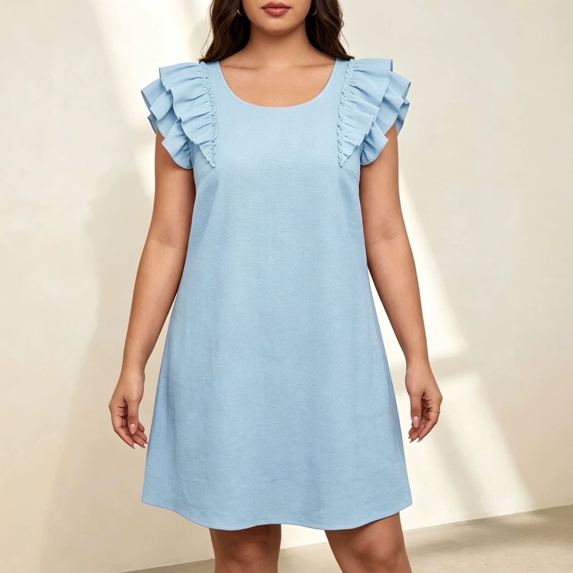 Cross-border European and American plus size women's round neck double layer ruffle sleeve solid color short skirt loose casual vacation straight dress
